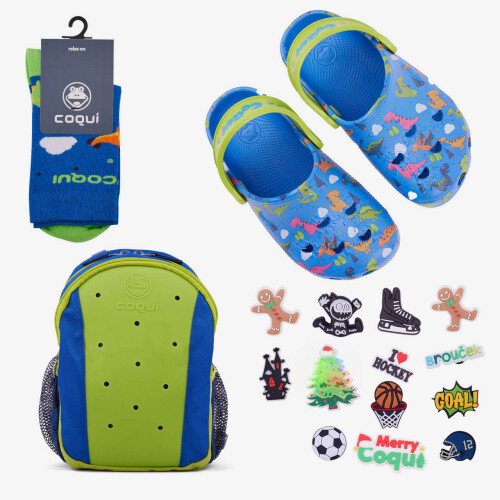 Dětský batoh RUCKSY + nazouváky LITTLE FROG dino + amulety + ponožky