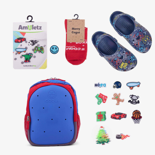 Dětský batoh BUCKSY + nazouváky BIG FROG modré + amulety + ponožky