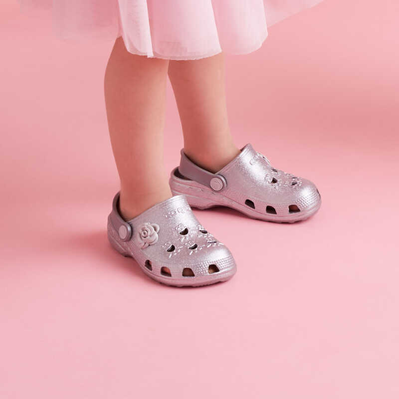 Clogs LITTLE FROG GLITTER Khaki Grau Glitzer mit Anstecker