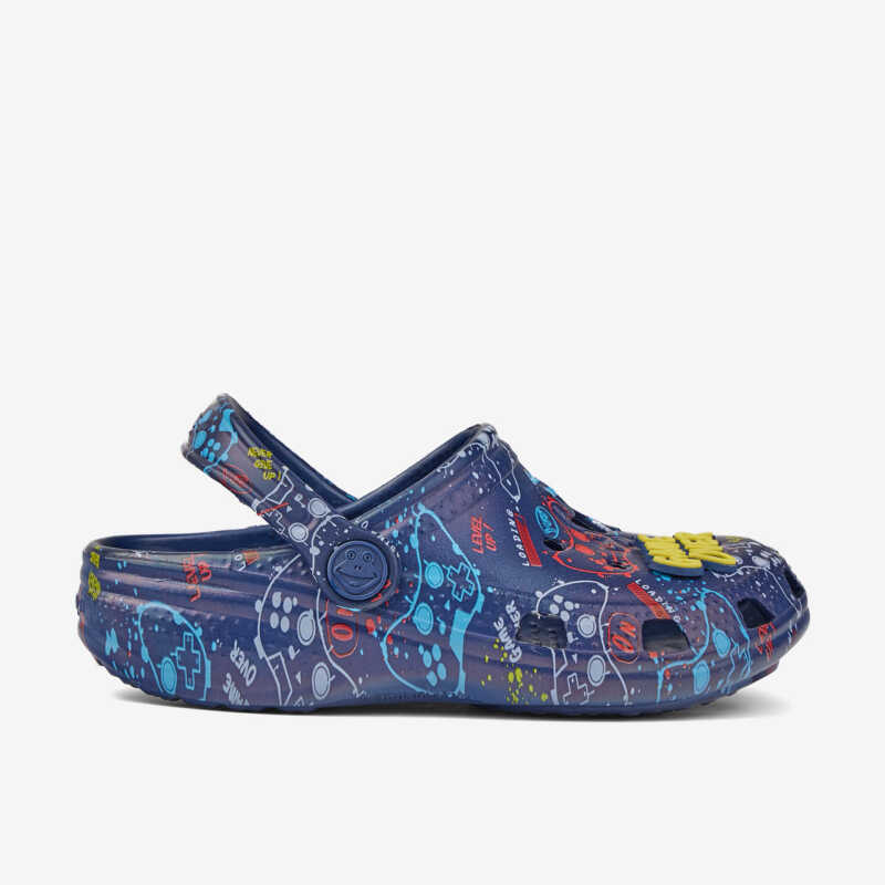 Clogs BIG FROG PRINTED modrá s  amuletom GAME OVER