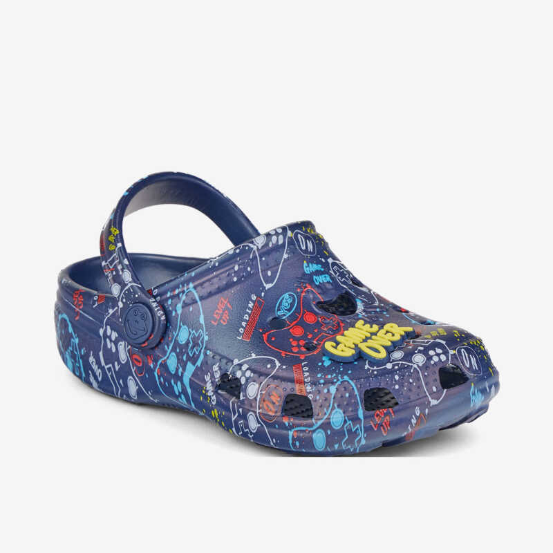 Clogs BIG FROG PRINTED modrá s  amuletom GAME OVER